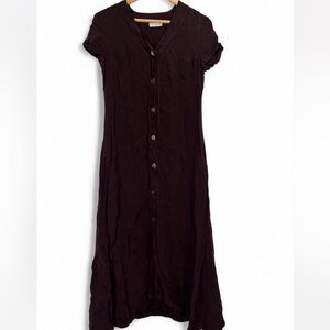 Lacausa Burgundy Button Front Midi Dress Women’s Short Sleeve V-Neck Grunge Goth